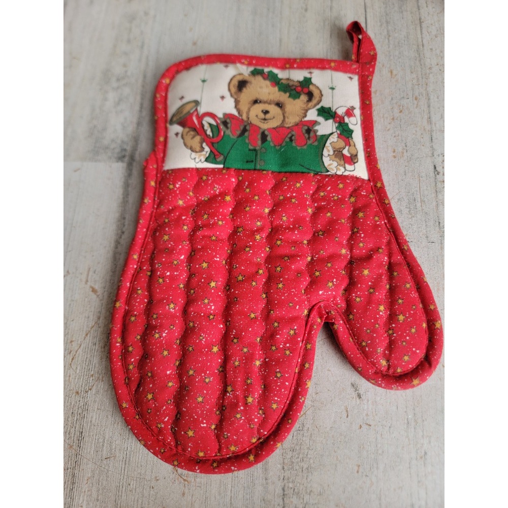 Vintage teddy bear red oven mitt kitchen Xmas Star Holly mistletoe